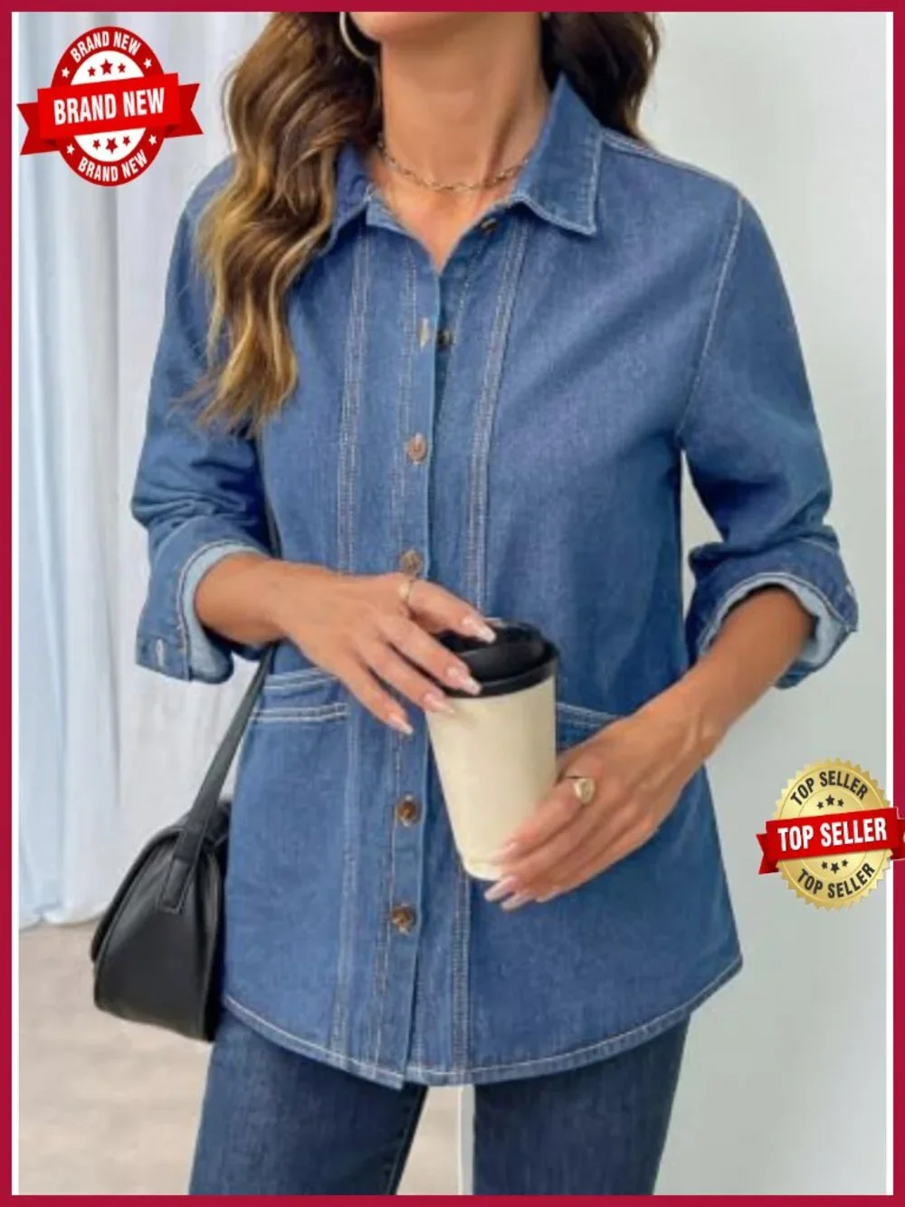 Oversized Denim Jacket Women Cotton Blend Button Down Shirt Jacket